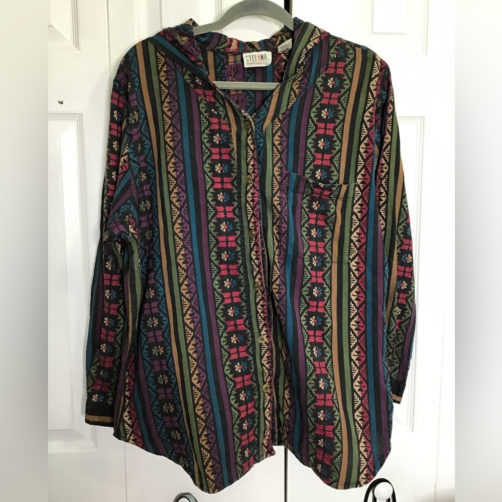 Vintage Stefano Button Up Hooded Shirt Size L Geometric Colorful Aztec 80s Loud